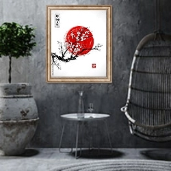 «Сакура в цвету и красное солнце» в интерьере в этническом стиле в серых тонах