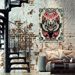 «Плакат с животными» в интерьере двухярусной гостиной в стиле лофт с кирпичной стеной