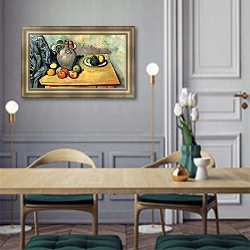 «Натюрморт с кувшином и фруктами на столе» в интерьере кухни с деревянным столом