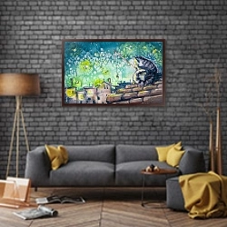 «Кот-рыбак в ночном городе» в интерьере в стиле лофт над диваном