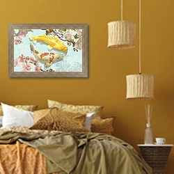 «Две красочные японские рыбки кои» в интерьере спальни  в этническом стиле в желтых тонах