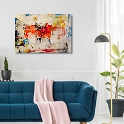 «Абстракция с белыми мазками поверх цветных» в интерьере современной гостиной над синим диваном