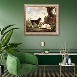 «Two spaniels in a landscape» в интерьере гостиной в зеленых тонах