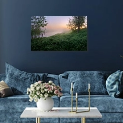 «Московская область, Россия. Туман над рекой. Утро» в интерьере современной гостиной в синем цвете