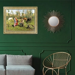 «Пастушки. 1903» в интерьере классической гостиной с зеленой стеной над диваном
