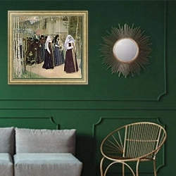 «The Taking of the Veil, 1898» в интерьере классической гостиной с зеленой стеной над диваном