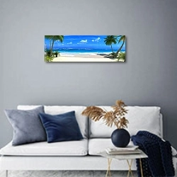 «Панорама тропического пляжа» в интерьере современной гостиной в синих тонах