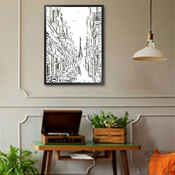 «Париж в Ч/Б рисунках #25» в интерьере комнаты в стиле ретро с проигрывателем виниловых пластинок