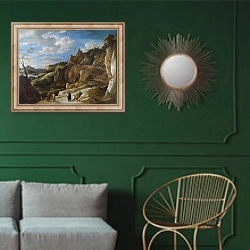 «Циганка на фоне холмистого пейзажа» в интерьере классической гостиной с зеленой стеной над диваном