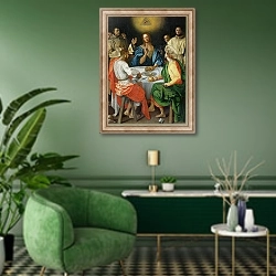 «The Supper at Emmaus, 1525» в интерьере гостиной в зеленых тонах