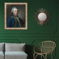 «Портрет мужчины 13» в интерьере классической гостиной с зеленой стеной над диваном