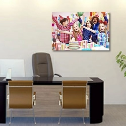 «Веселье с друзьями на вечеринке» в интерьере офиса над столом начальника