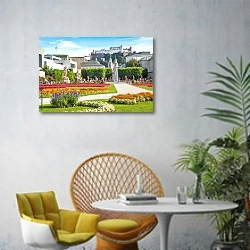 «Австрия, Зальцбург, замок Хоэнзальцбург» в интерьере современной гостиной с желтым креслом