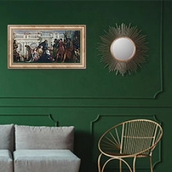 «Семья Дариуса перед Александром» в интерьере классической гостиной с зеленой стеной над диваном