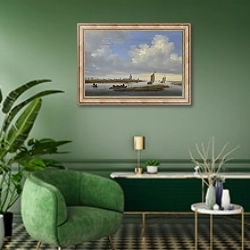 «Вид на Девентер с северо-запада» в интерьере гостиной в зеленых тонах