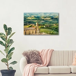 «Тоскана. Вид из Сан-Джиминьяно» в интерьере современной светлой гостиной над диваном