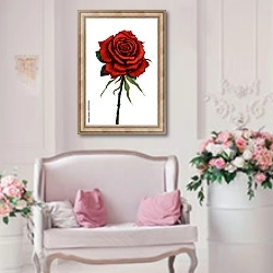 «Алая роза на белом фоне» в интерьере гостиной в стиле прованс над диваном