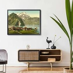 «Швейцария. Город Штанстад и гора Пилатус» в интерьере комнаты в стиле ретро над тумбой