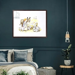 «Donkey and Lambs Around a Manger» в интерьере классической спальни с темными стенами