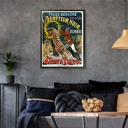 «Le Dompteur Noir - poster for the Folies-Bergère» в интерьере гостиной в стиле лофт в серых тонах