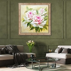 «Винтажные бело-розовые розы» в интерьере гостиной в оливковых тонах