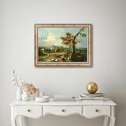 «An Italianate River Landscape with Travellers» в интерьере в классическом стиле над столом