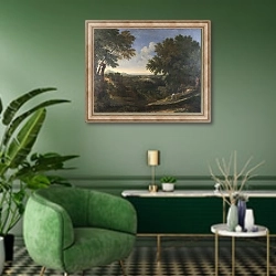 «Пейзаж с Авраамом и Исааком» в интерьере гостиной в зеленых тонах