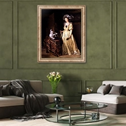 «Дама с кошкой 2» в интерьере гостиной в оливковых тонах