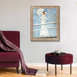 «Young Woman with a Parasol on a Jetty» в интерьере гостиной в бордовых тонах