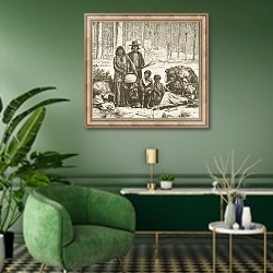 «Native American family group west of the Rocky Mountains, c.1880» в интерьере гостиной в зеленых тонах