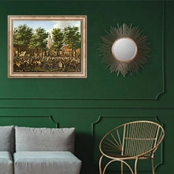 «Вид в Гааге» в интерьере классической гостиной с зеленой стеной над диваном