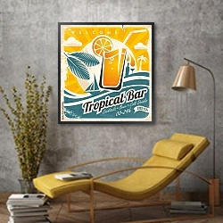 «Ретро-плаката для тропического бара» в интерьере в стиле лофт с желтым креслом