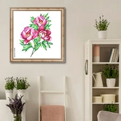 «Букет из трех розовых пионов» в интерьере комнаты в стиле прованс с цветами лаванды