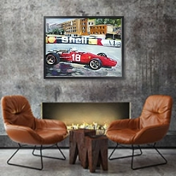 «Автомобили в искусстве 66» в интерьере в стиле лофт с бетонной стеной над камином