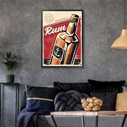 «Ретро плакат с ромом» в интерьере гостиной в стиле лофт в серых тонах