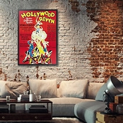 «Poster - Hollywood Revue Of 1929, The» в интерьере гостиной в стиле лофт с кирпичной стеной
