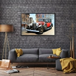 «Ретро-автомобиль на улице старого города» в интерьере в стиле лофт над диваном