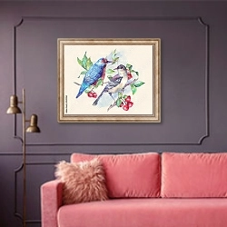 «Две птицы на ветке с красными ягодами» в интерьере гостиной с розовым диваном