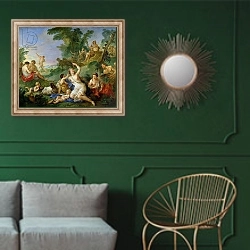 «The Triumph of Bacchus» в интерьере классической гостиной с зеленой стеной над диваном