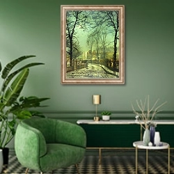 «A Moonlit Road, 19th century» в интерьере гостиной в зеленых тонах