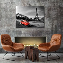«Франция. Париж. Красное на черном» в интерьере в стиле лофт с бетонной стеной над камином