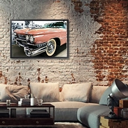 «олдтаймер, кадиллак, авто» в интерьере гостиной в стиле лофт с кирпичной стеной