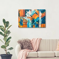 «Сине-оранжевая абстракция» в интерьере современной светлой гостиной над диваном