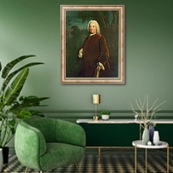 «Samuel Richardson, 1747» в интерьере гостиной в зеленых тонах