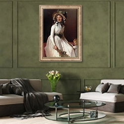 «Portrait of Emilie Seriziat and her son» в интерьере гостиной в оливковых тонах