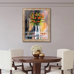 «Букет из абстрактных красных цветов в стеклянной вазе» в интерьере столовой в классическом стиле