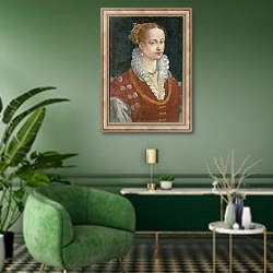 «Portrait of Bianca Cappello Wife of Francesco de Medici, Grand Duke of Tuscany, c.1585» в интерьере гостиной в зеленых тонах