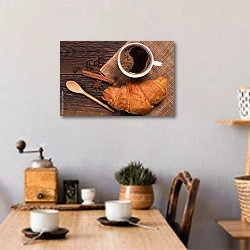 «Кофе с круассаном и деревянной ложечкой» в интерьере кухни над обеденным столом с кофемолкой