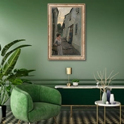 «Street Scene with Figure, Cornwall» в интерьере гостиной в зеленых тонах