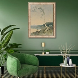 «Silver Birch by a Lake, 1845» в интерьере гостиной в зеленых тонах
